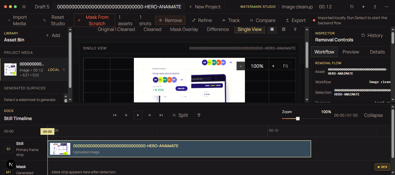Watermark Studio editor showing a single-view cleanup workspace